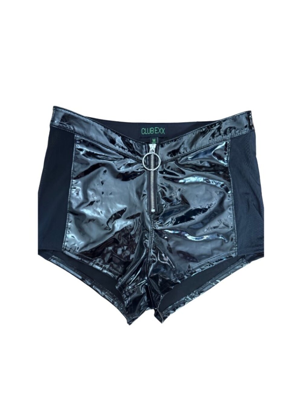 Club Exx (Dolls Kill) glossy faux-latex + sheer mesh high-rise booty shorts - M